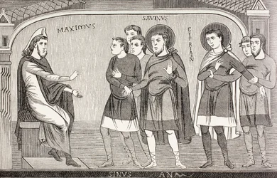 Santos Savin e Cyprian confessando ao procônsul Galerius Maximus que eles são cristãos, de "Vida Militar e Religiosa na Idade Média" por Paul Lacroix, publicado em Londres c.1880